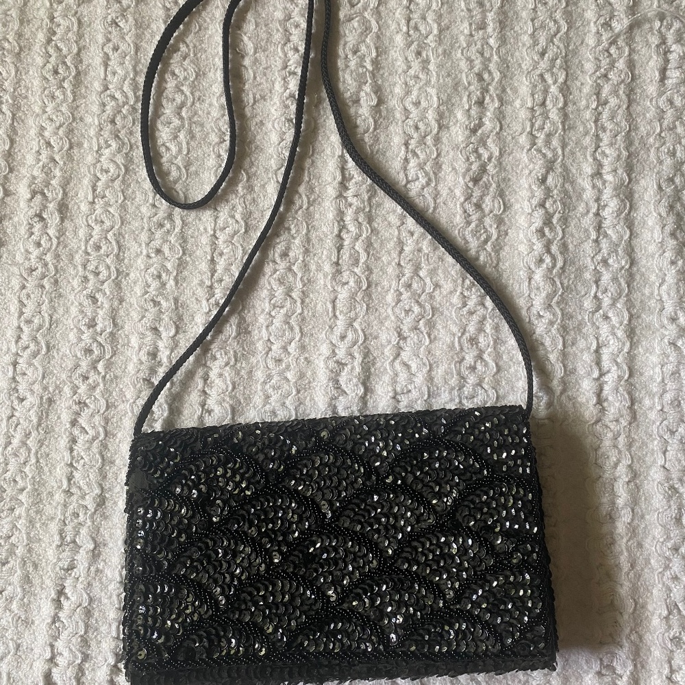 Vintage La Regale Ltd. Evening Bag, Hand Beaded, Black Sequined w/ Braided Strap